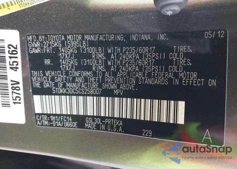 2012 Toyota Sienna Le V6 8 Passenger из США, поврежденный, VIN 5TDKK3DC5CS258007